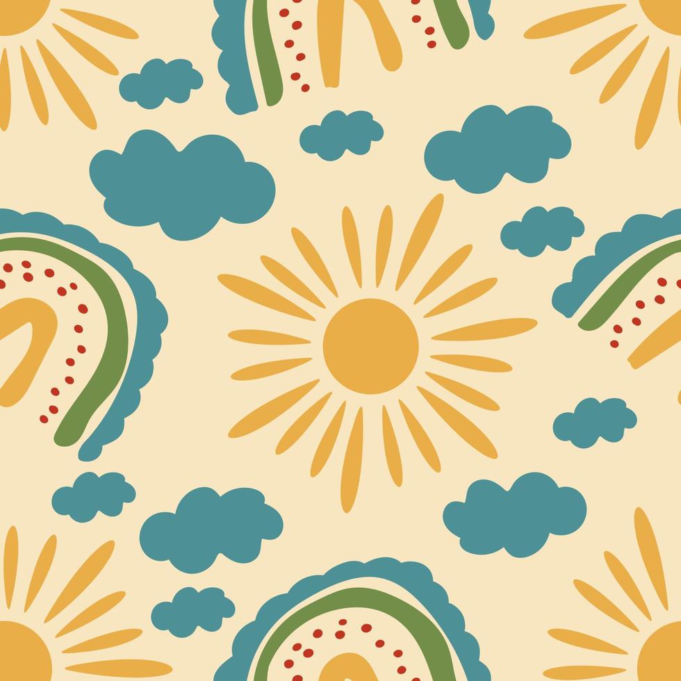 Seamless pattern with suns, clouds and rainbows in retro style vector