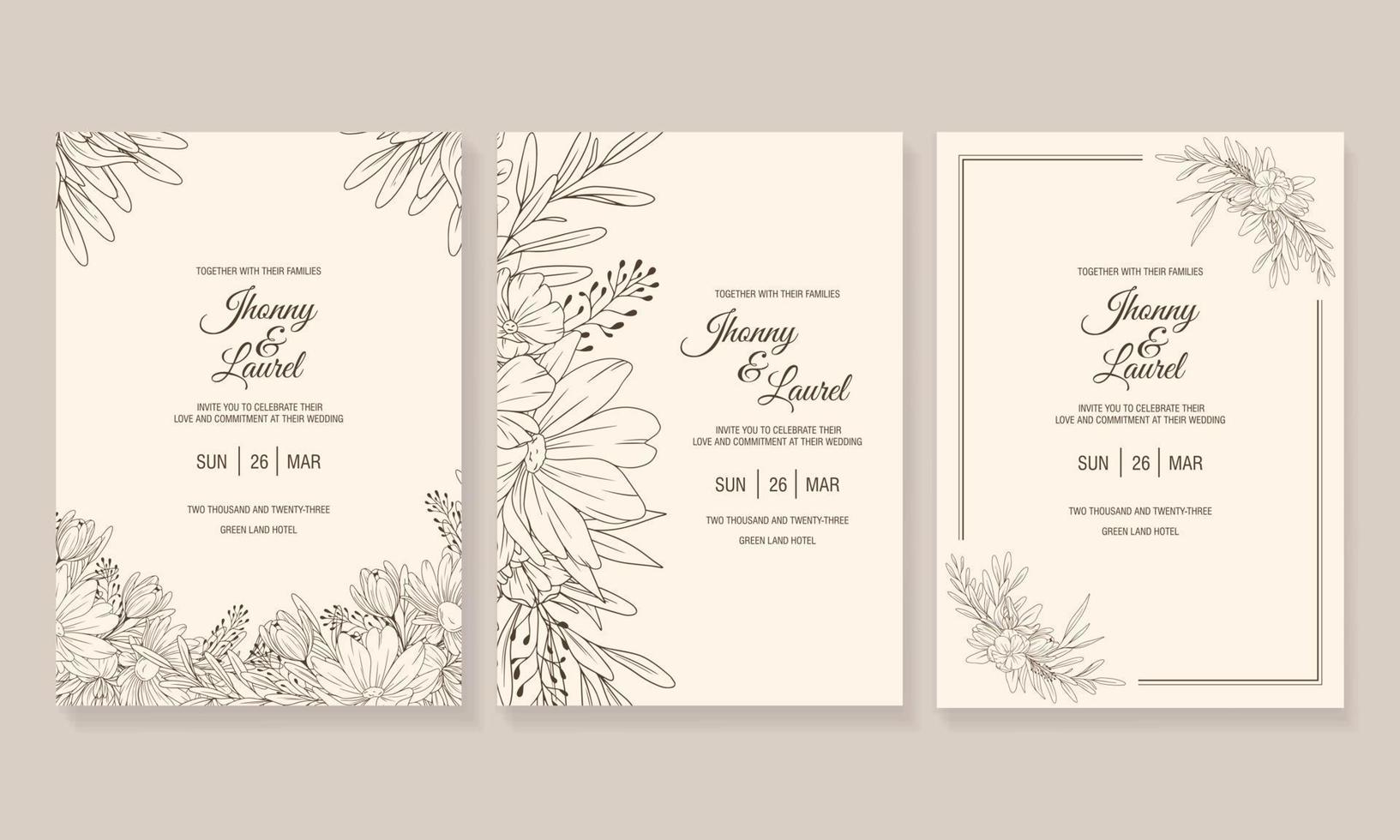 Beautiful Floral Line Art Wedding Invitation Card Template. Minimalist wedding invitation card template design, floral black line art. vector