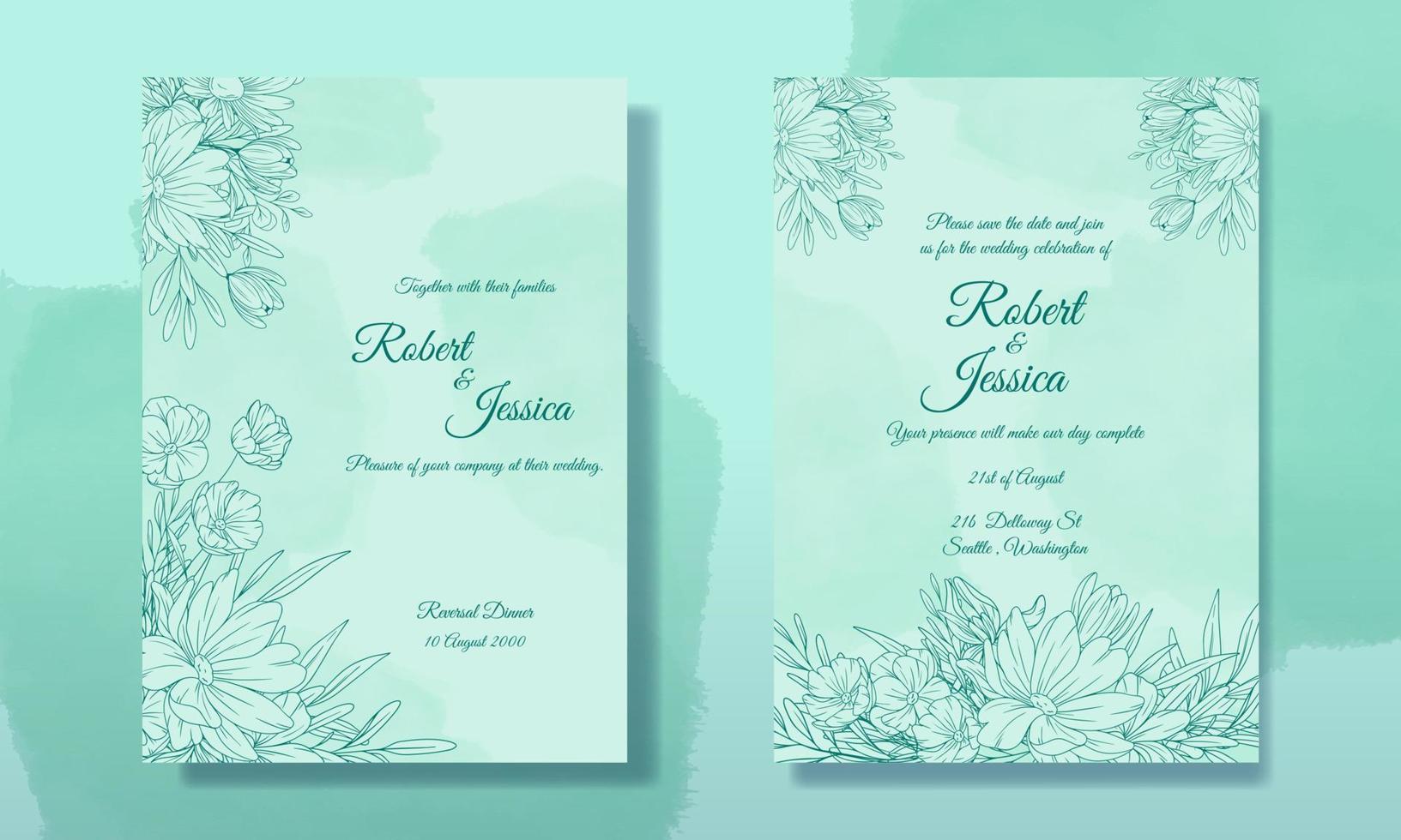 Wedding Invitation Floral Line Art Beautiful Template. Wedding invitation Card Set. Minimalist wedding invitation card template design, floral black line art. vector