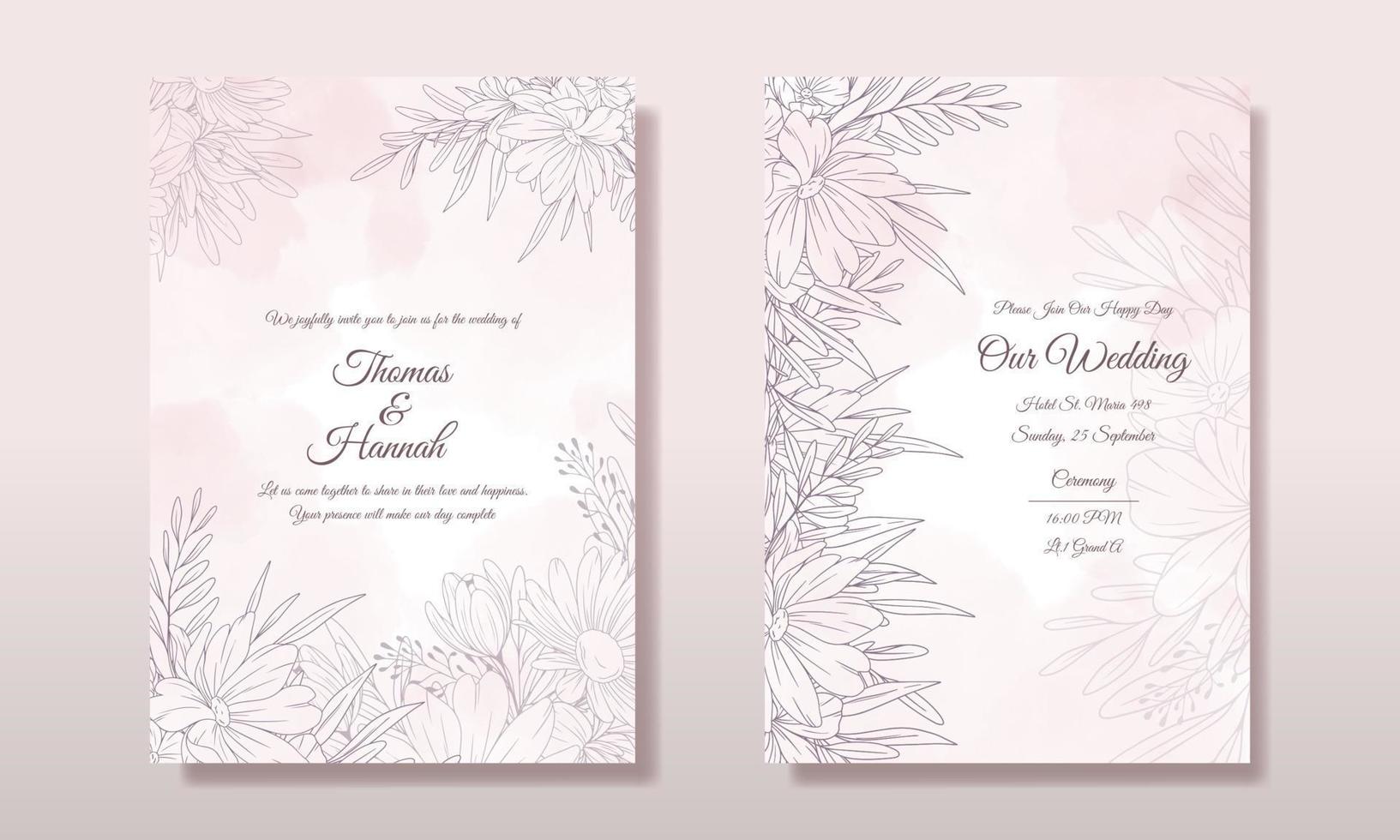 Wedding invitation Card Set. Beautiful Floral Line Art Wedding Invitation Template. Minimalist wedding invitation card template design, floral black line art. vector