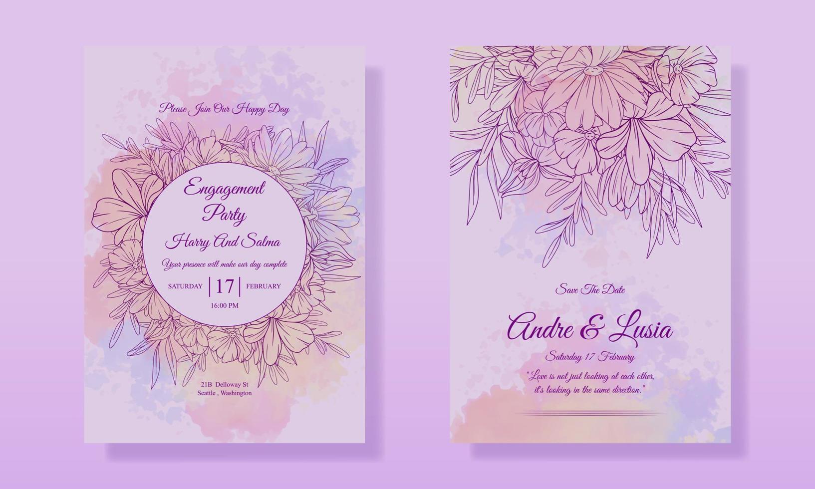 Natural Flower Watercolor Wedding Invitation Minimalist Floral Leaf Line Art Card Template Design. Wedding Invitation Floral Line Art Beautiful Template. Wedding invitation Card Set, vector