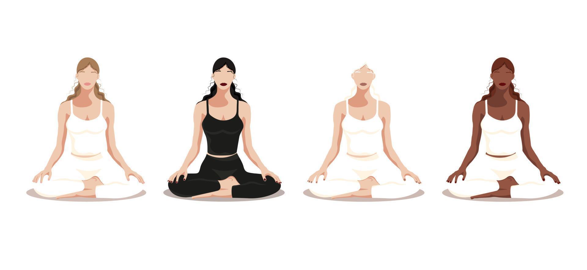 Yoga. Set of a group of girls of different nationalities practicing yoga in the lotus position on a white background. The concept of meditation, yoga and a healthy lifestyle. Faceless style. Vector. vector