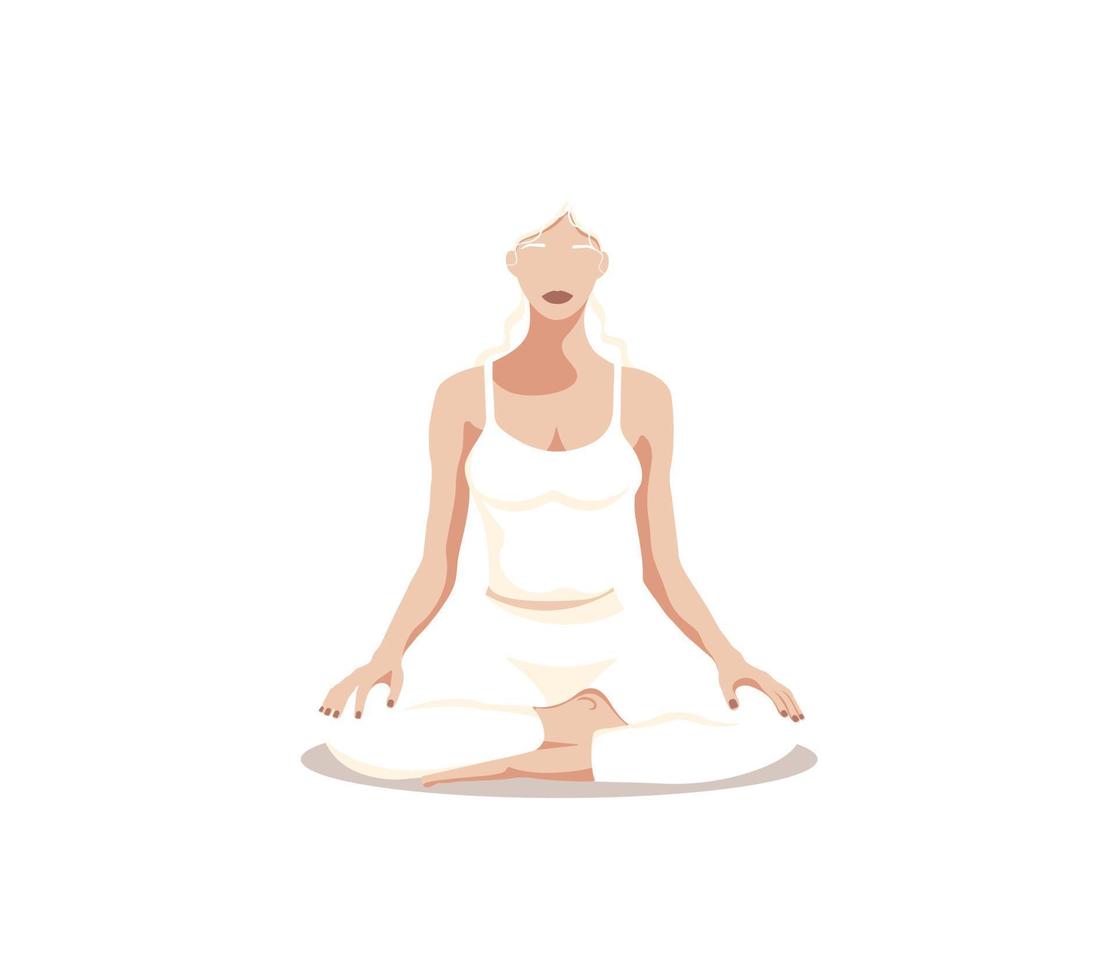 Yoga woman. A woman does yoga in a lotus position on a white background. The concept of meditation, yoga and a healthy lifestyle. Faceless style. Vector illustration.