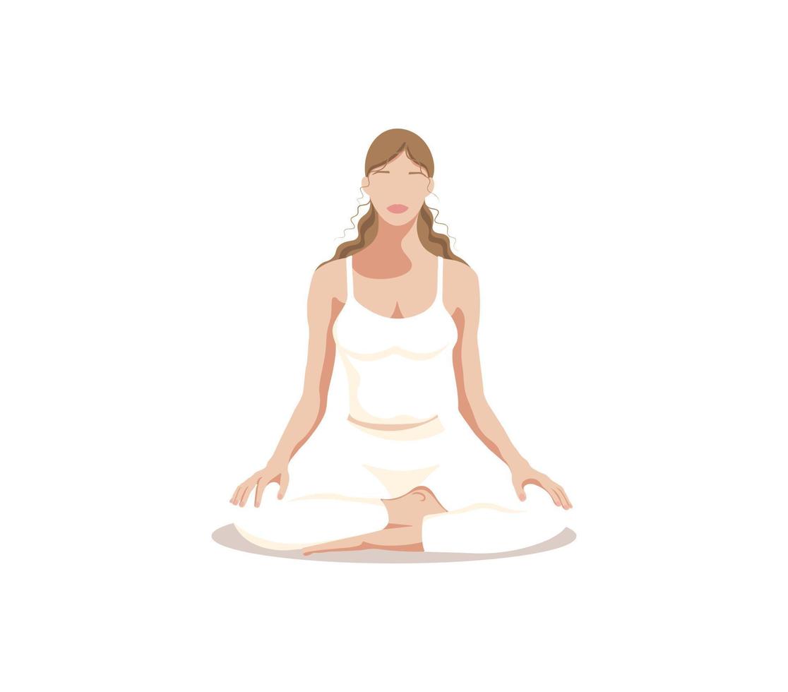 yoga muchacha. un niña lo hace yoga en un loto posición en un blanco antecedentes. el concepto de meditación, yoga y un sano estilo de vida. sin rostro estilo. vector ilustración.