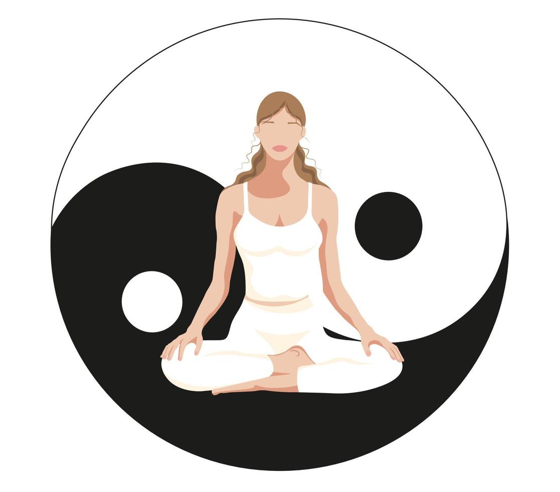 Yoga girl. The girl does yoga in the lotus position against the background of the yin and yang symbol. A symbol of justice and balance. The concept of balance, meditation and yoga. Faceless style. vector