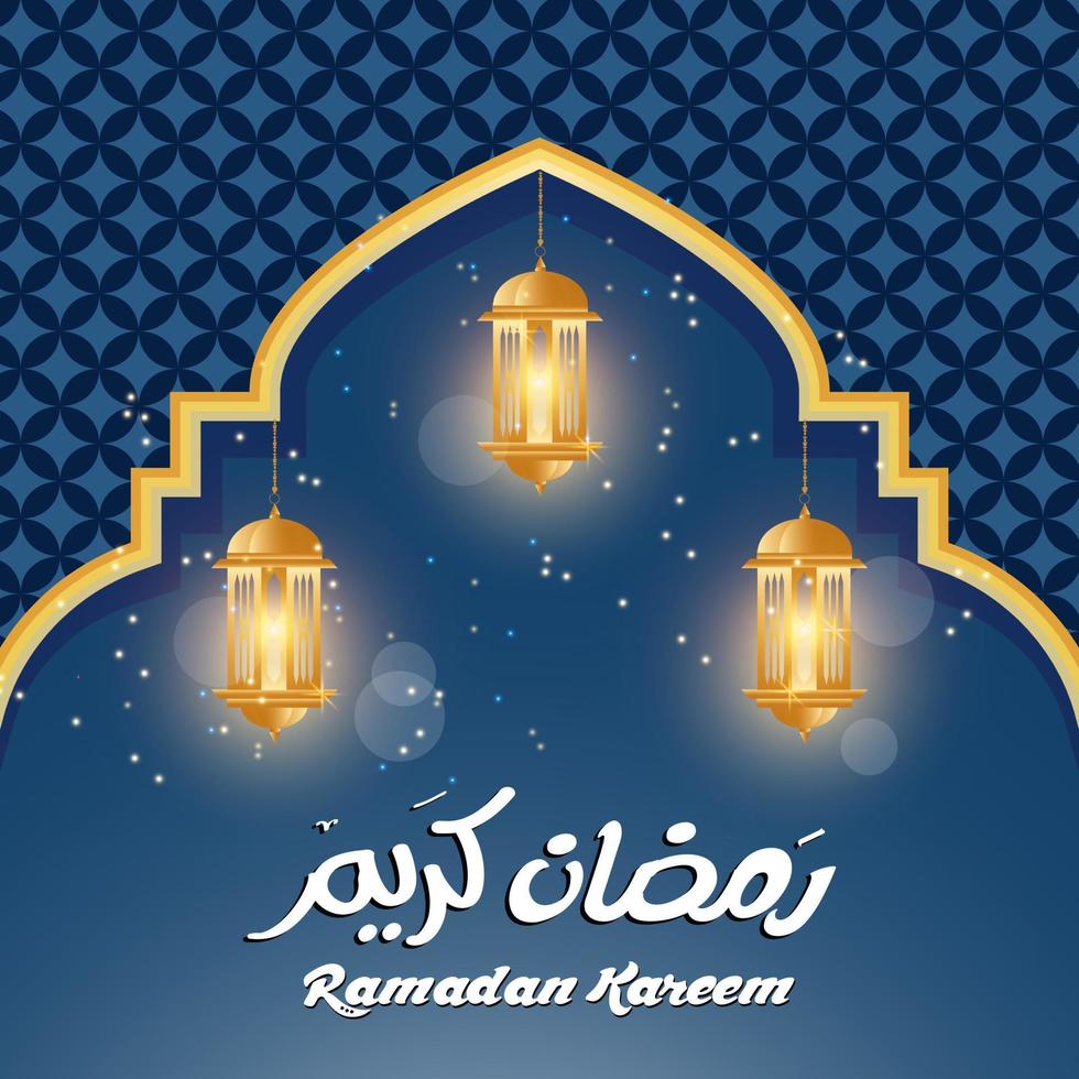 Ramadan Kareem in Arabic calligraphy and English with lantern can be used for greeting card brochure calendar and wallpaper vector