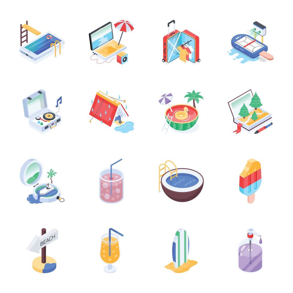 Trendy 16 Isometric Icons of Beach Holiday vector