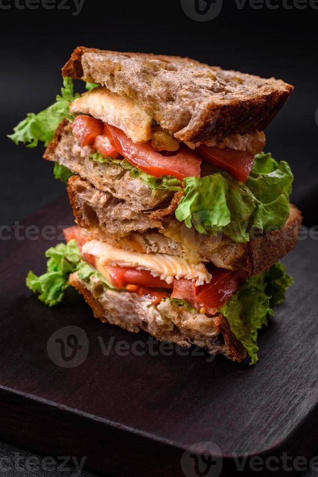 Delicious sandwich with crispy toast, chicken, tomatoes and lettuce photo