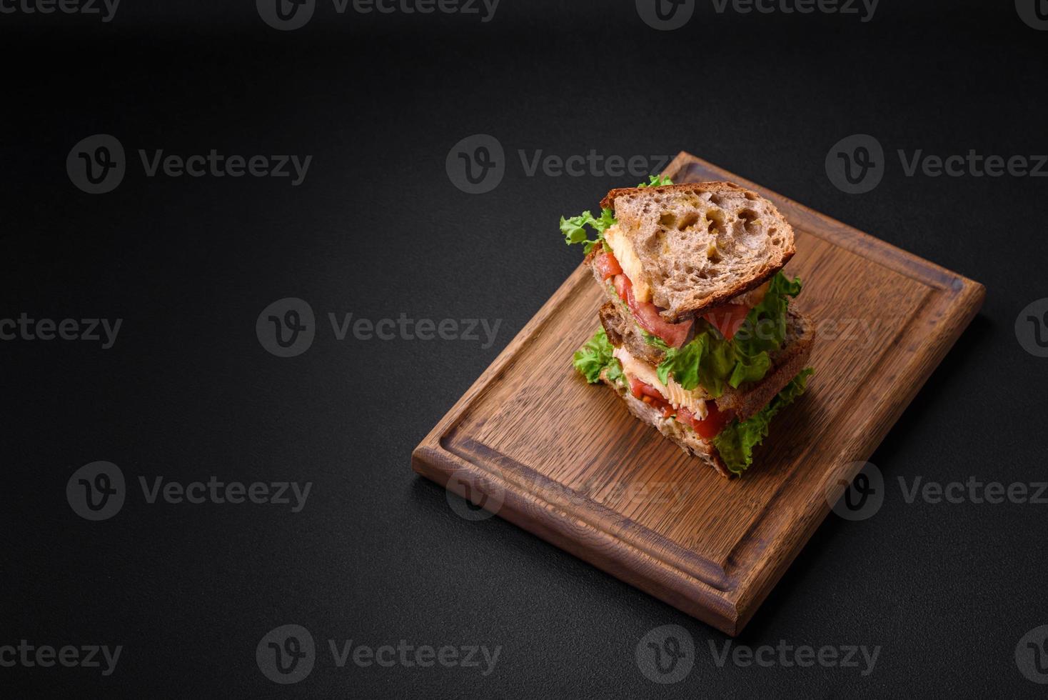 Delicious sandwich with crispy toast, chicken, tomatoes and lettuce photo