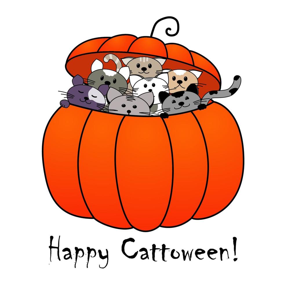 Funny greeting card Happy Halloween. Kittens in a pumpkin. vector