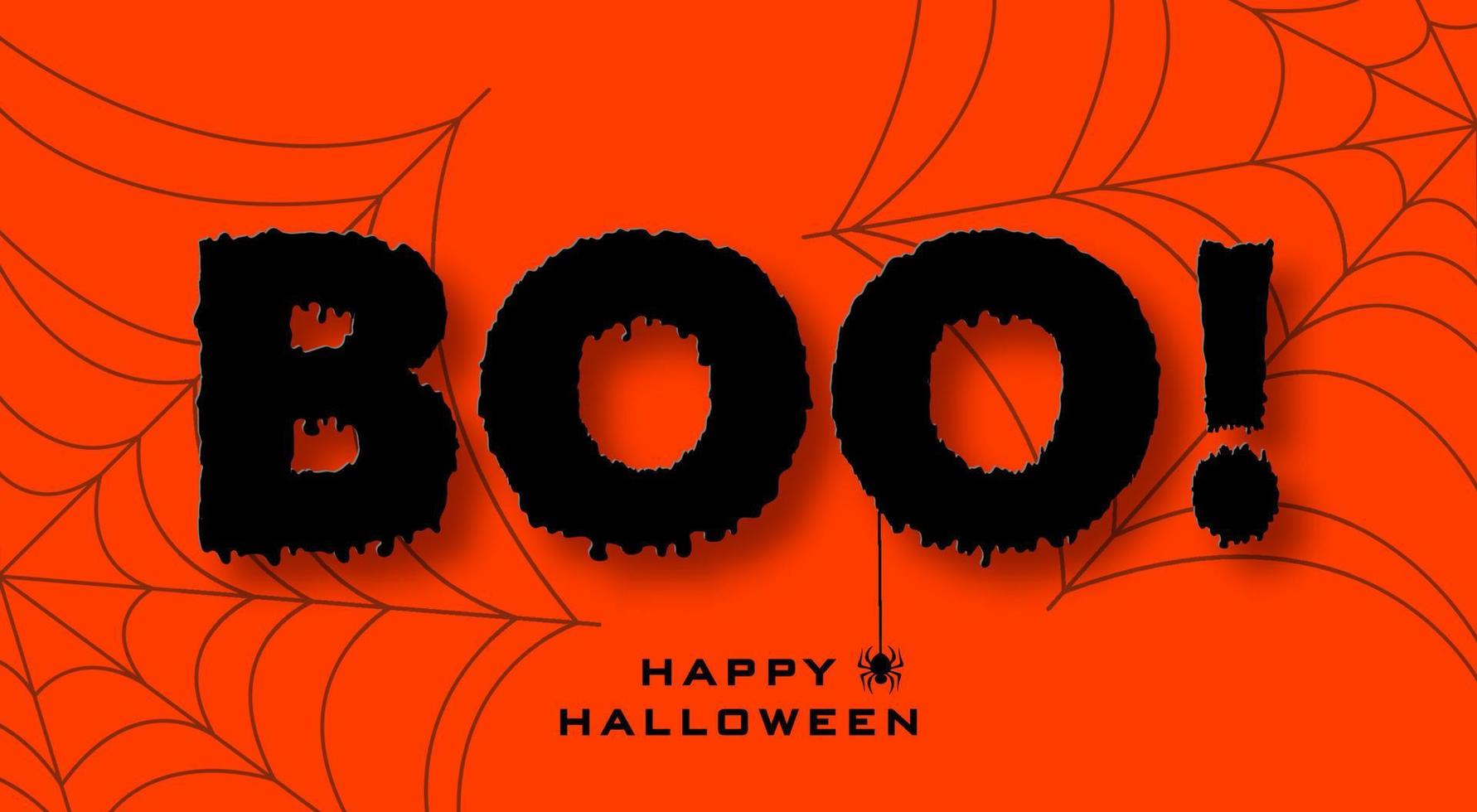 Halloween banner in paper cut style. Black text on orange background with cobwebs and spider. vector