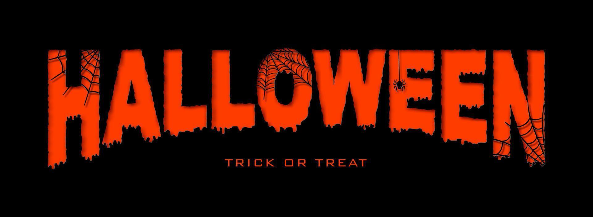 Halloween banner in paper cut style. Orange text on a black background with cobwebs. vector