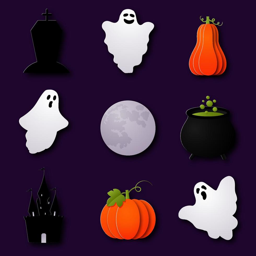 Happy Halloween. Set of elements in paper cut style. Ghost, pumpkin, castle, moon, tombstone, pot. vector