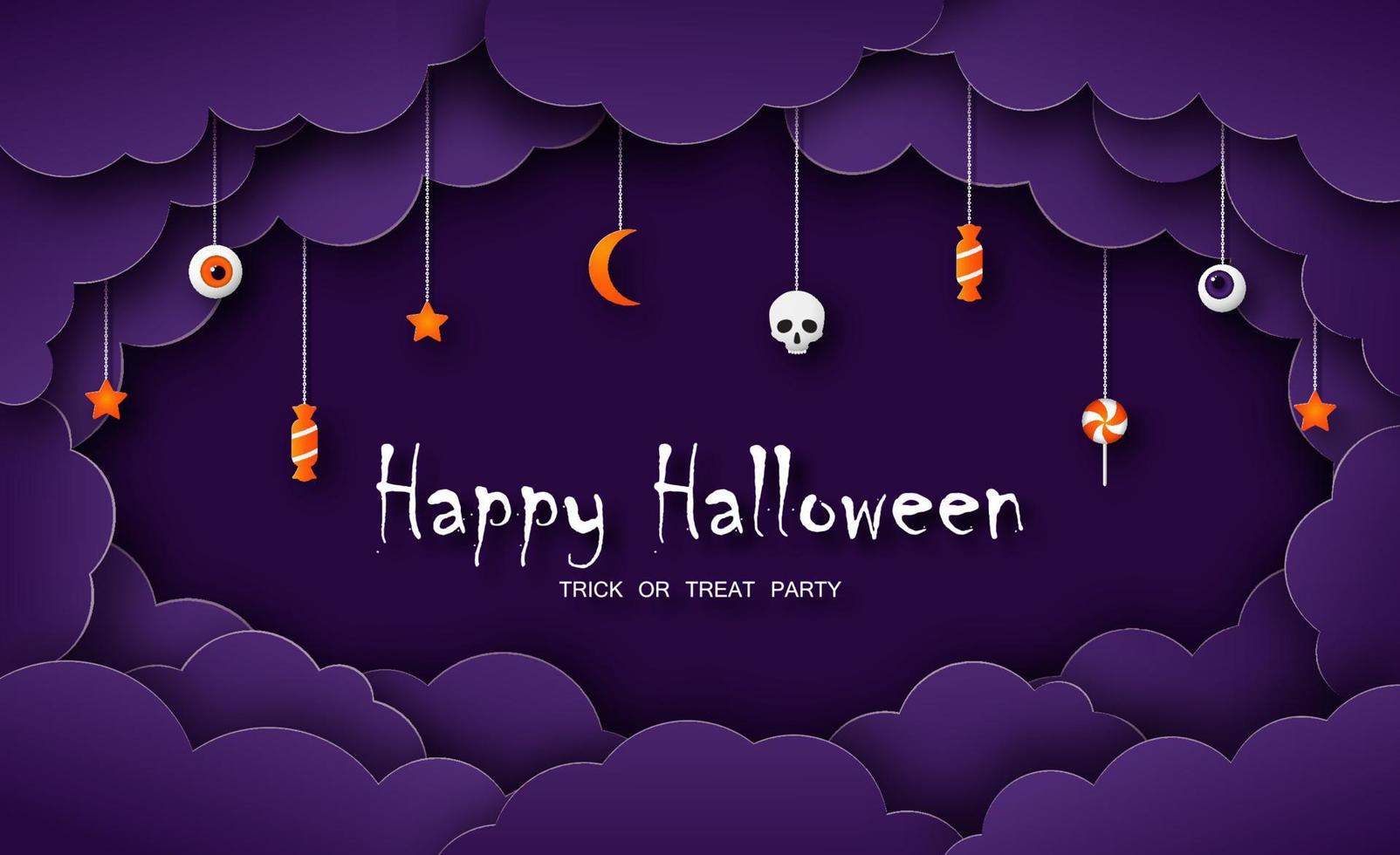 Happy Halloween greeting card in paper cut style. Halloween symbols on purple cloudy sky background. vector