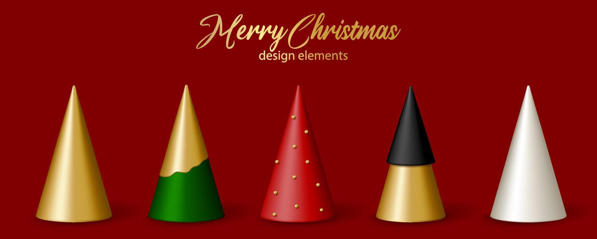 Christmas and New Year decor. Set of 3D cartoon golden, white, red, green and black Christmas trees. vector
