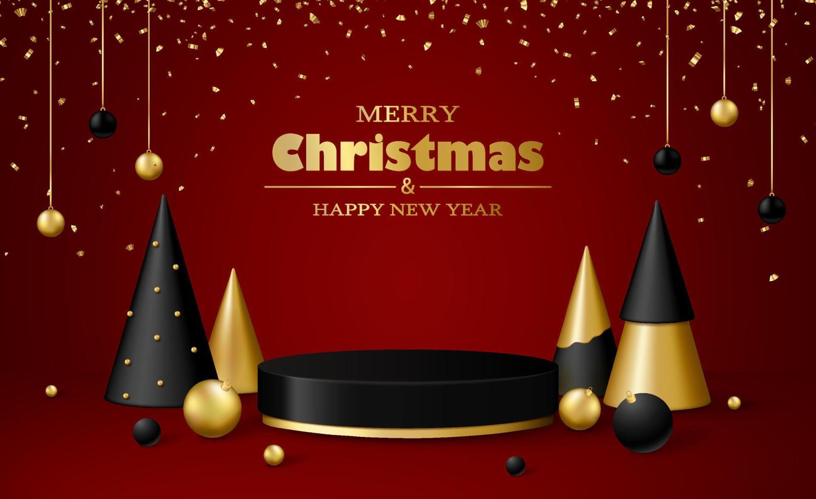 Christmas 3d scene with black and gold podium platform, Christmas fir trees and balls, confetti. vector