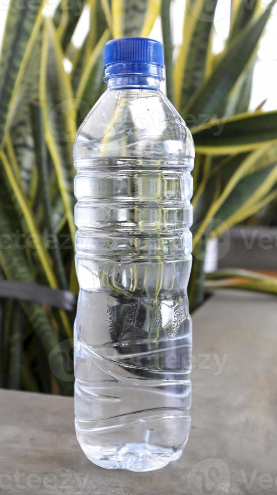 A plastic bottle of mineral water with blue cap. photo