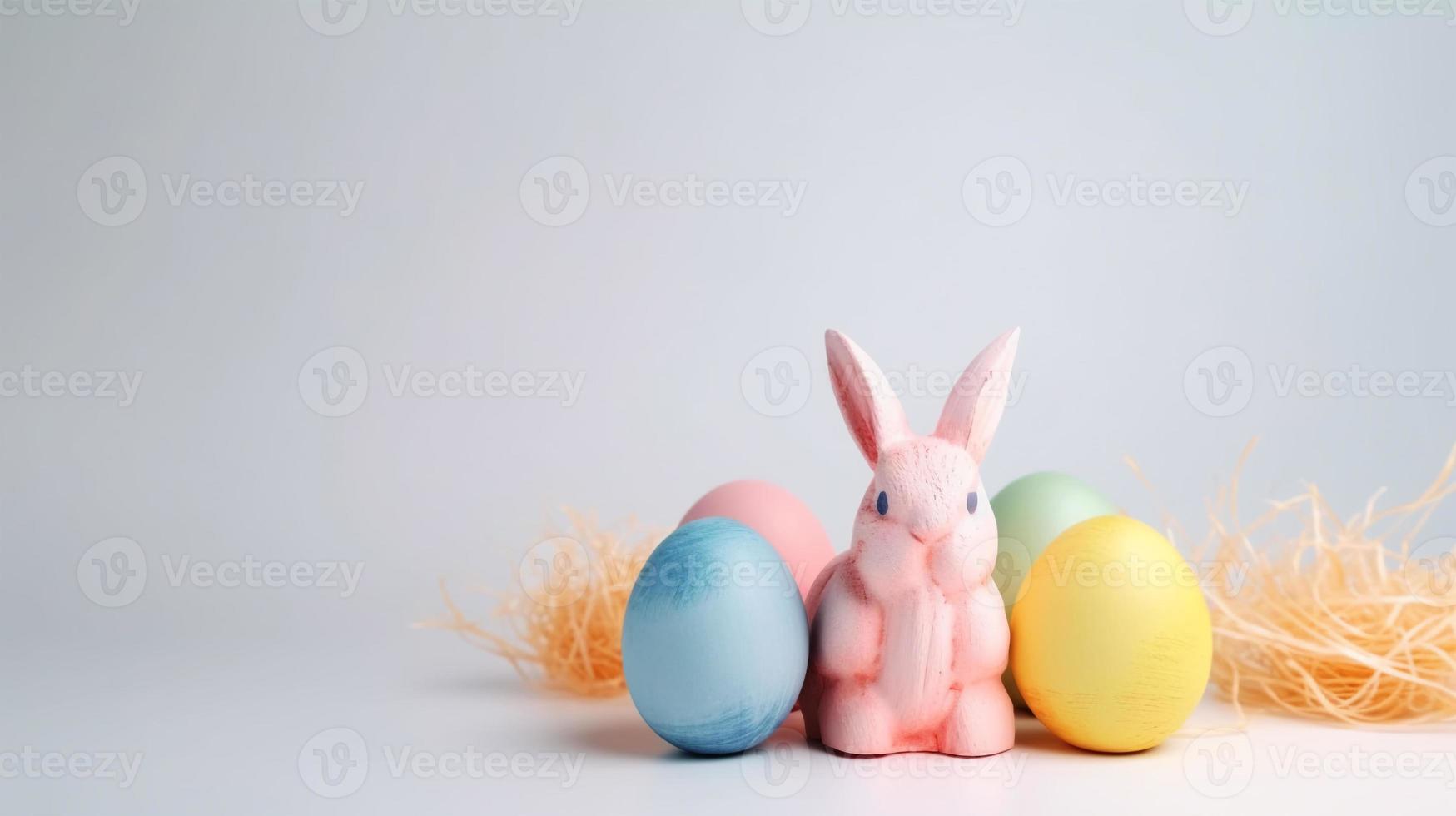 Happy Easter Day background and backdrop, cute bunny rabbit, ornament, and colorful egg, copy space greeting and backdrop, banner, rustic vintage design material. Celebrate Easter. photo