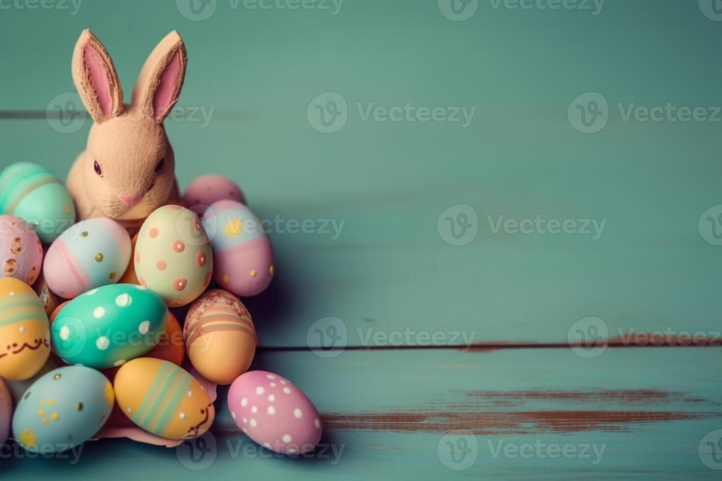 Happy Easter Day background and backdrop, cute bunny rabbit, ornament, and colorful egg, copy space greeting and backdrop, banner, rustic vintage design material. Celebrate Easter. photo