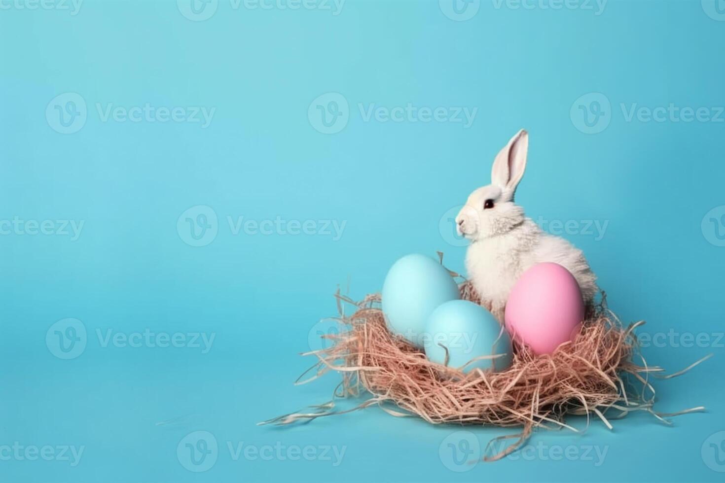 Happy Easter Day background and backdrop, cute bunny rabbit, ornament, and colorful egg, copy space greeting and backdrop, banner, rustic vintage design material. Celebrate Easter. photo