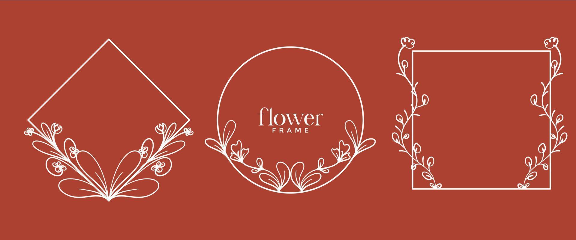 Hand drawn floral frame in line style. Set simple minimal wreath with floral branches and leaves. Vector logo template for labels, corporate identity, wedding invitations, greeting cards