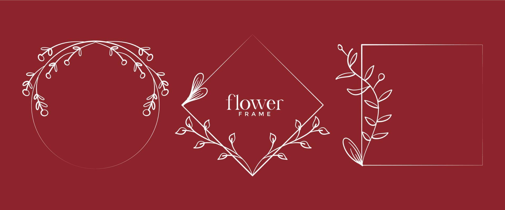 Hand drawn floral frame in line style. Set simple minimal wreath with floral branches and leaves. Vector logo template for labels, corporate identity, wedding invitations, greeting cards