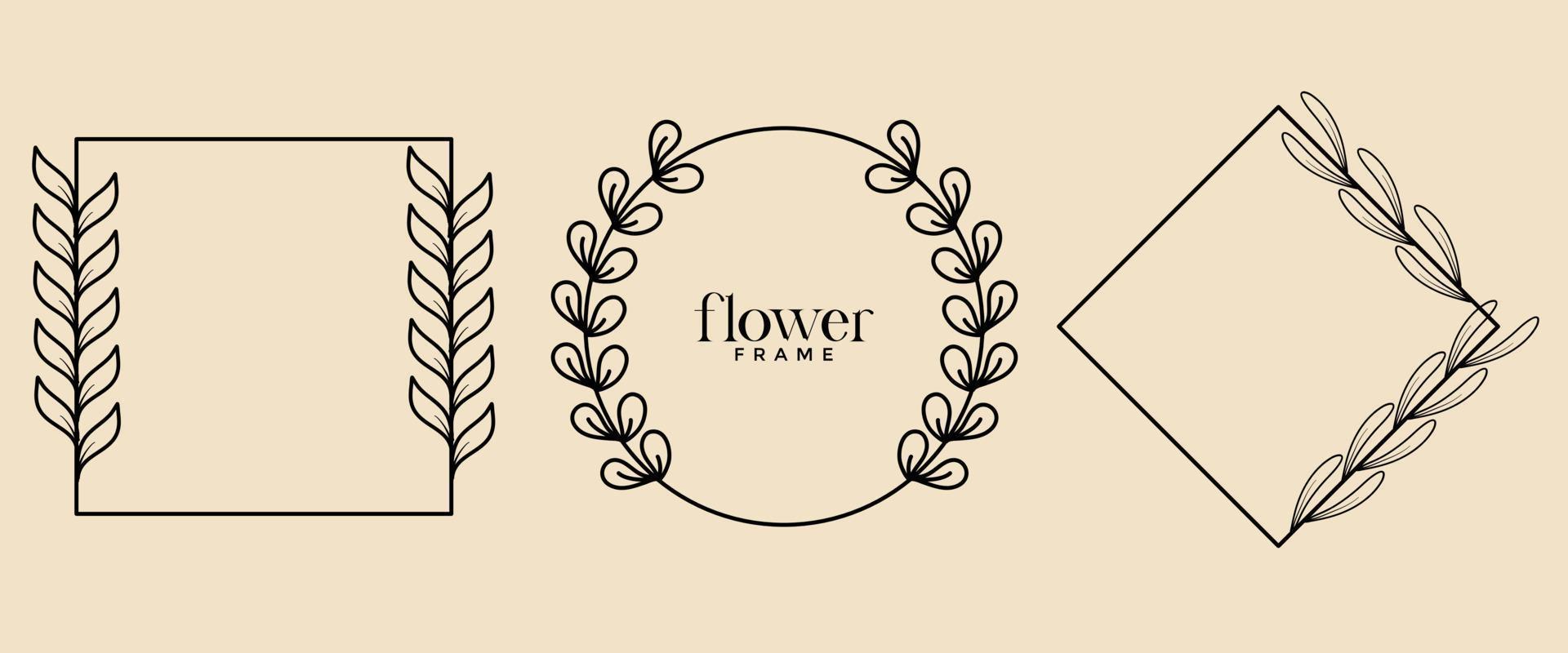 Hand drawn floral frame in line style. Set simple minimal wreath with floral branches and leaves. Vector logo template for labels, corporate identity, wedding invitations, greeting cards