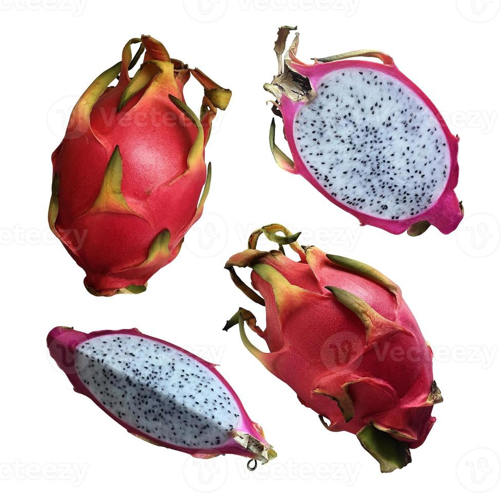 Fresh dragon fruit set, pitaya isolated white background, bright pink coloured tropical delicious vegetarian food full of vitamins, clipping path image photo
