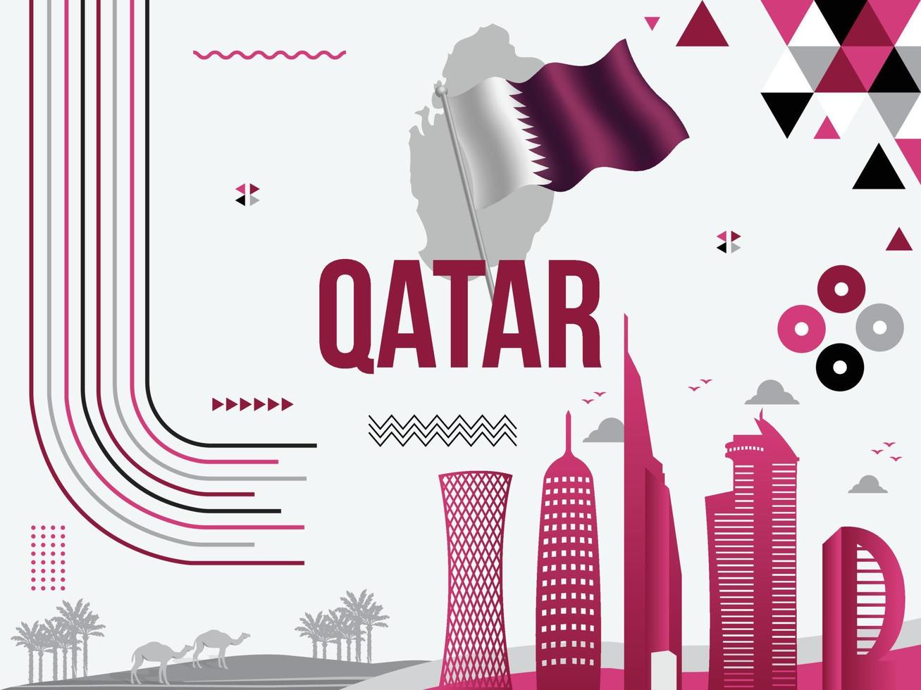 Katar nacional día bandera con qatari bandera, mapa, texto, doha puntos de referencia, geométrico resumen púrpura o Violeta colores, 18 diciembre nacional día vector ilustración