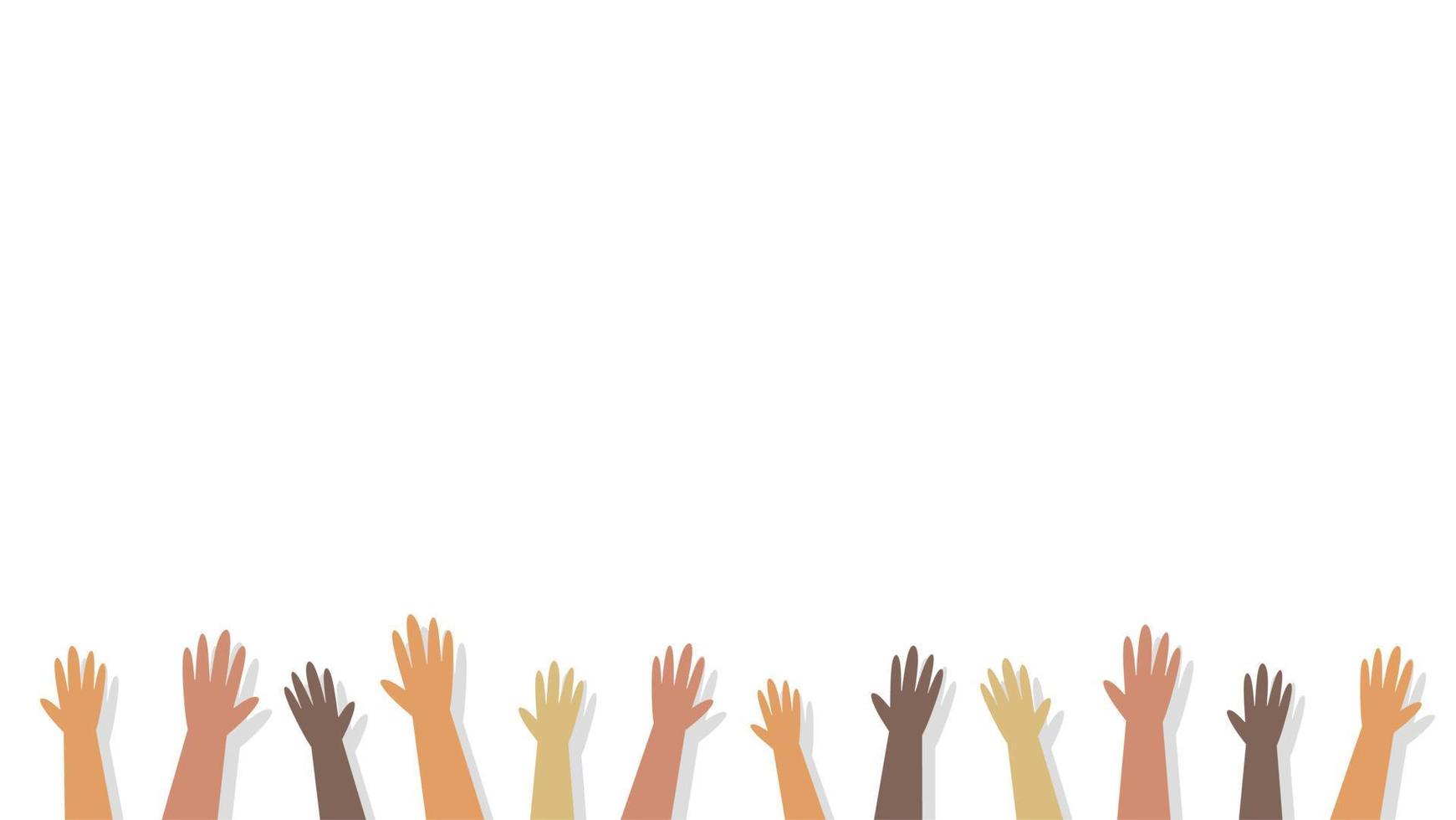 raised hands with different skin tones on a white background vector