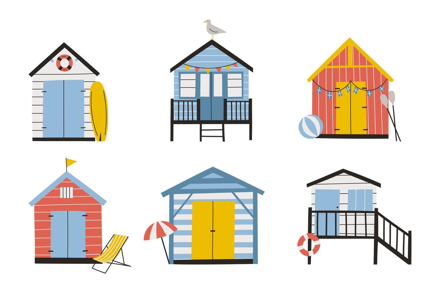 Set of hand drawn beach huts. Colorful summer illustration vector