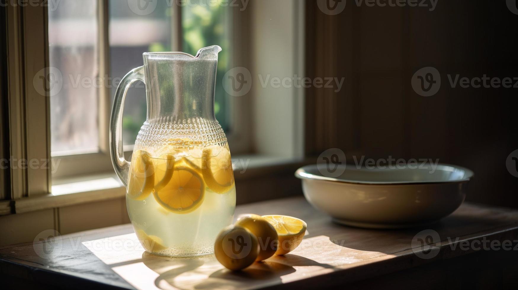 Tranquil Country Kitchen Counter with a Pitcher of Fresh Lemonade - Generative AI. photo