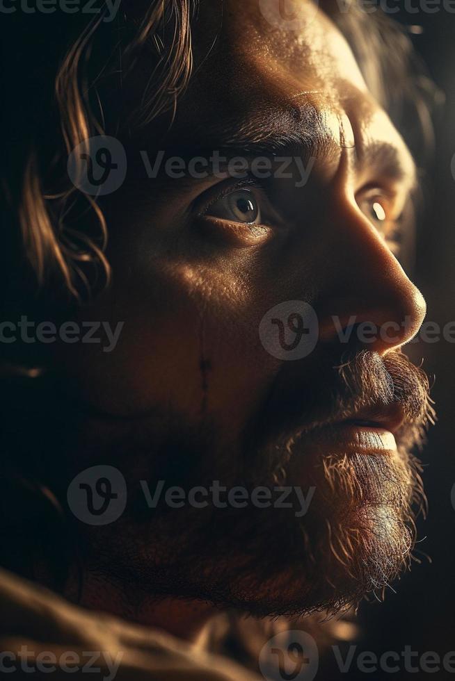 perfil retrato de Jesús Cristo en dramático Encendiendo - generativo ai. foto