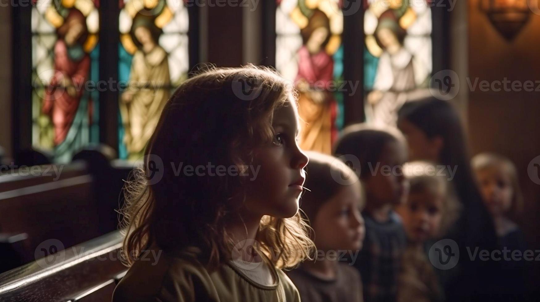 varios niños reunir en el Iglesia para masa mirando arriba a Jesús en el cruzar - generativo ai. foto