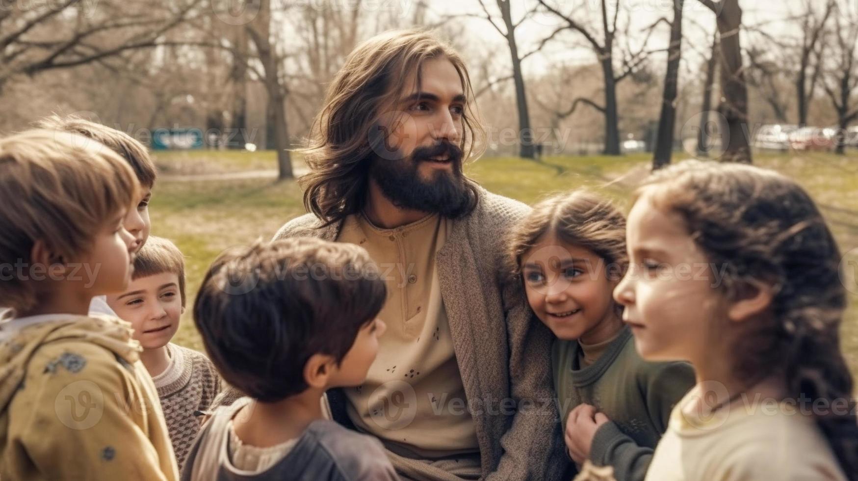 Modern Day Jesus Talking and Playing With Young Children in the Park - Generative AI. photo