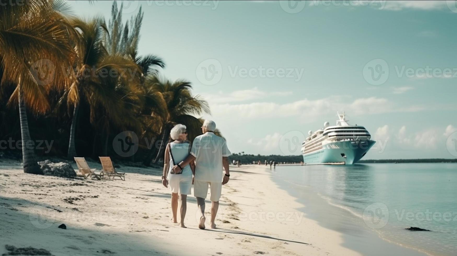 Vacationing Elderly Couple Walk Along a Tropical Beach with Their Cruise Ship Docked Nearby - Generative AI. photo