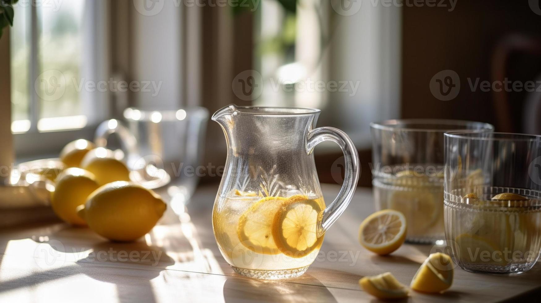 Tranquil Country Kitchen Counter with a Pitcher of Fresh Lemonade - Generative AI. photo