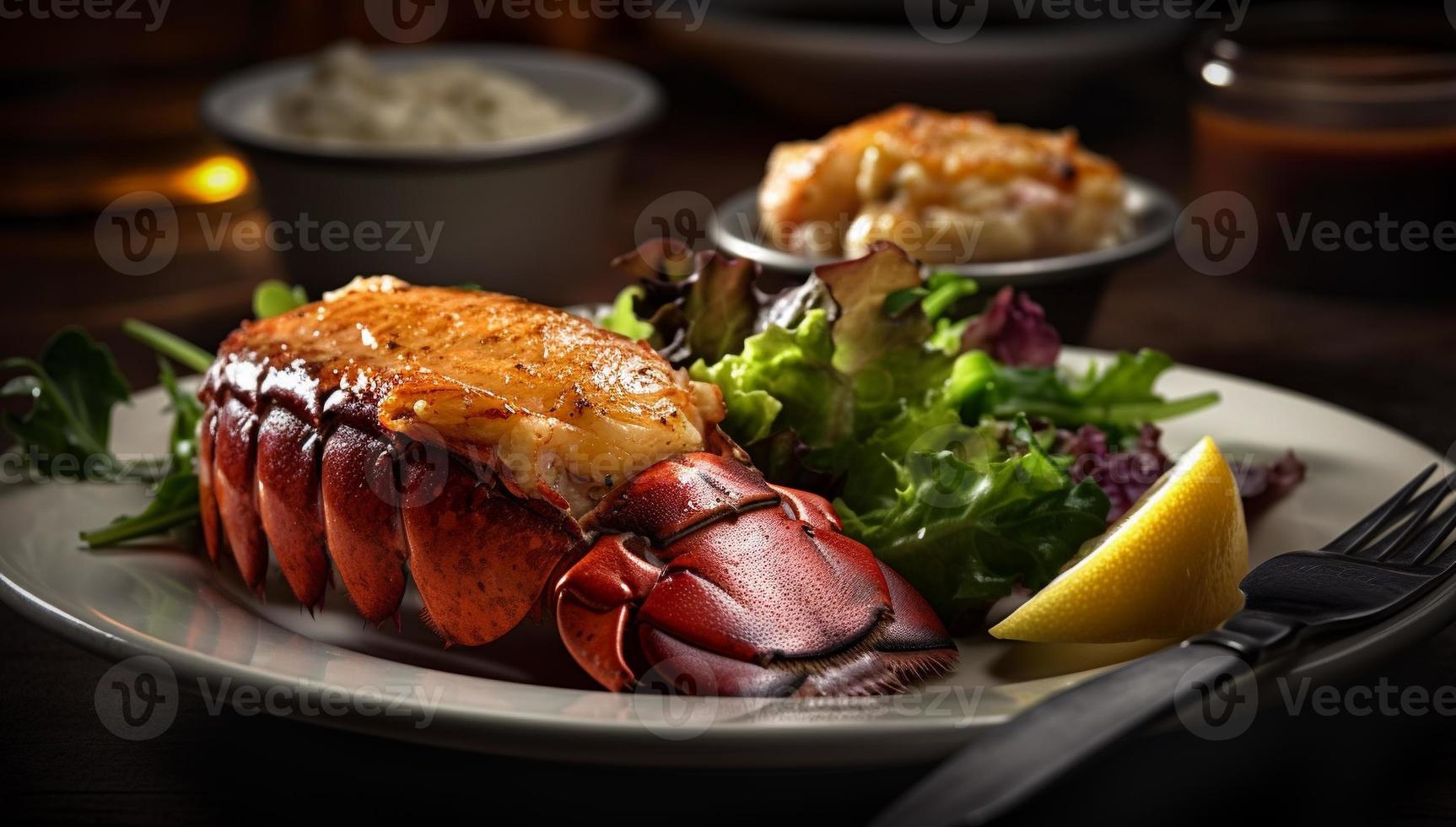 Fresh Lobster Tail in Melting Butter with Sauteed Vegetables Dish - Generative AI. photo