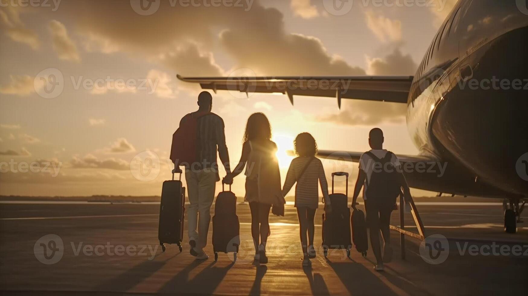 Successful Young African American Family Walking with Luggage to Their Private Executive Luxury Jet - Generatvie AI. photo