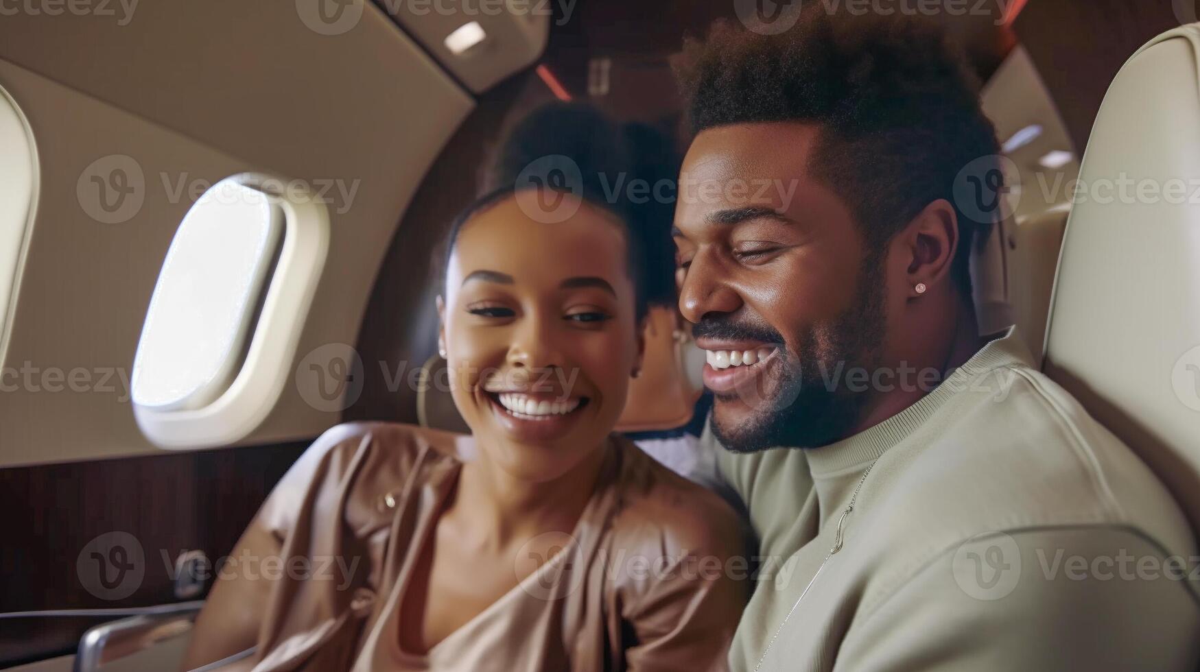 Young Successful Adult African American Couple In Their Private Executive Luxury Jet - Generatvie AI. photo