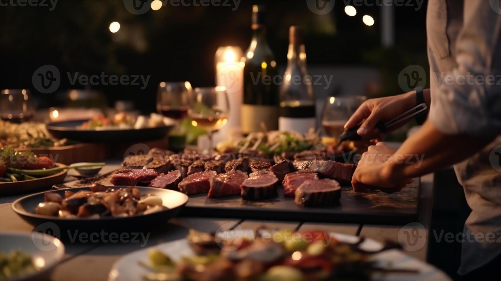 cocinero Cocinando japonés wagyu carne de vaca en un patio interior barbacoa ajuste - generatvie ai. foto