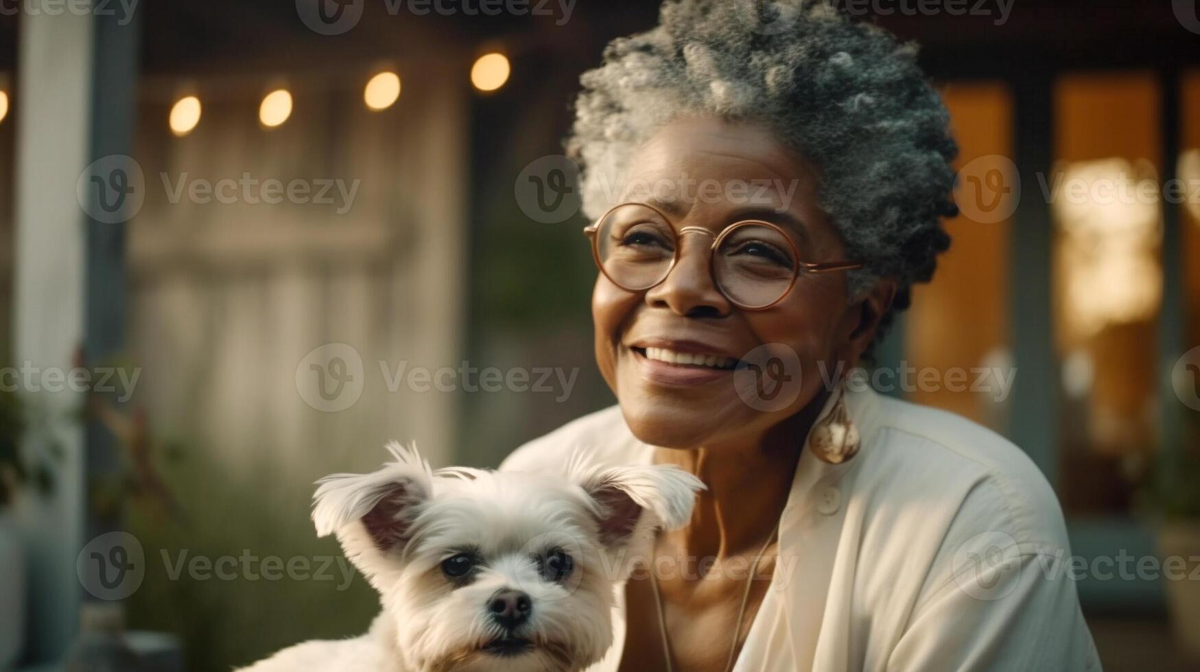 Attractive Happy African American Elderly Woman on Her Porch Holding Her Maltese Puppy - . photo