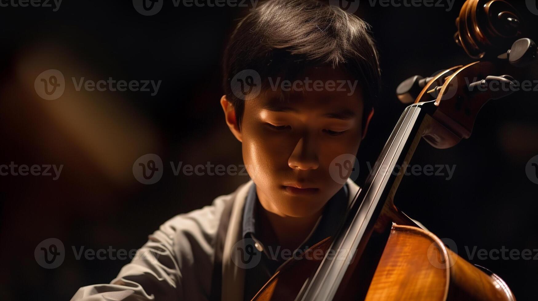 Young Asian Boy Playing His Cello At The Concert Hall Under Dramatic Lights - Generatvie AI. photo