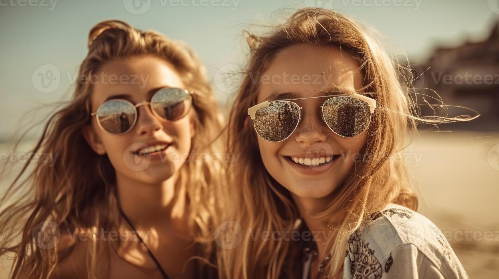 dos joven novias posando vistiendo Gafas de sol teniendo divertido en el playa - generatvie ai. foto