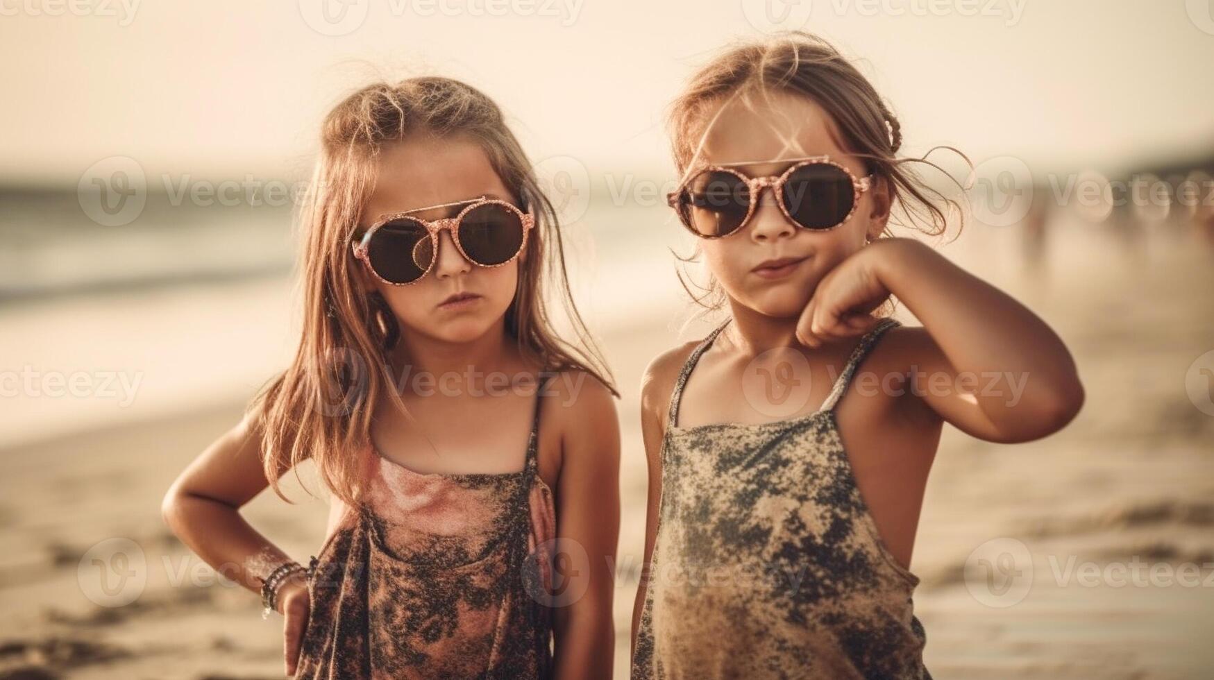 dos joven novias posando vistiendo Gafas de sol teniendo divertido en el playa - generatvie ai. foto