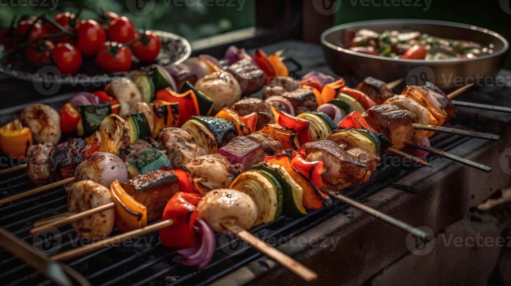 Fresco suculento vegetal y filete brocheta en el fuego parrilla - generativo ai. foto