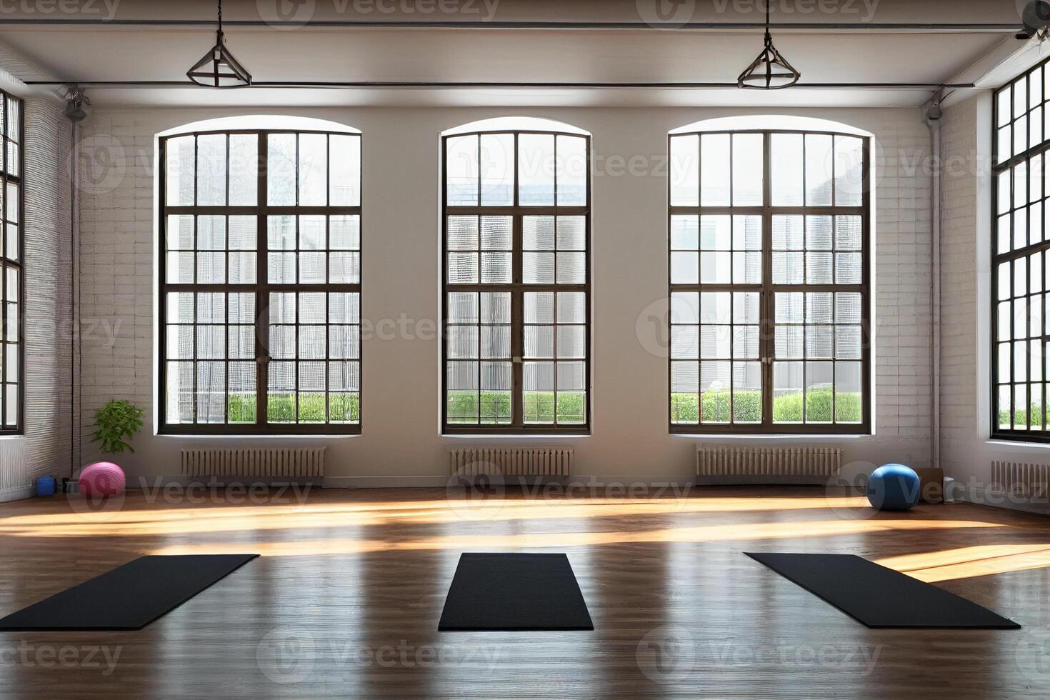 Empty Yoga Studio Room Interior with Tall Windows with Mats on Hard Wood Floors . 21928128