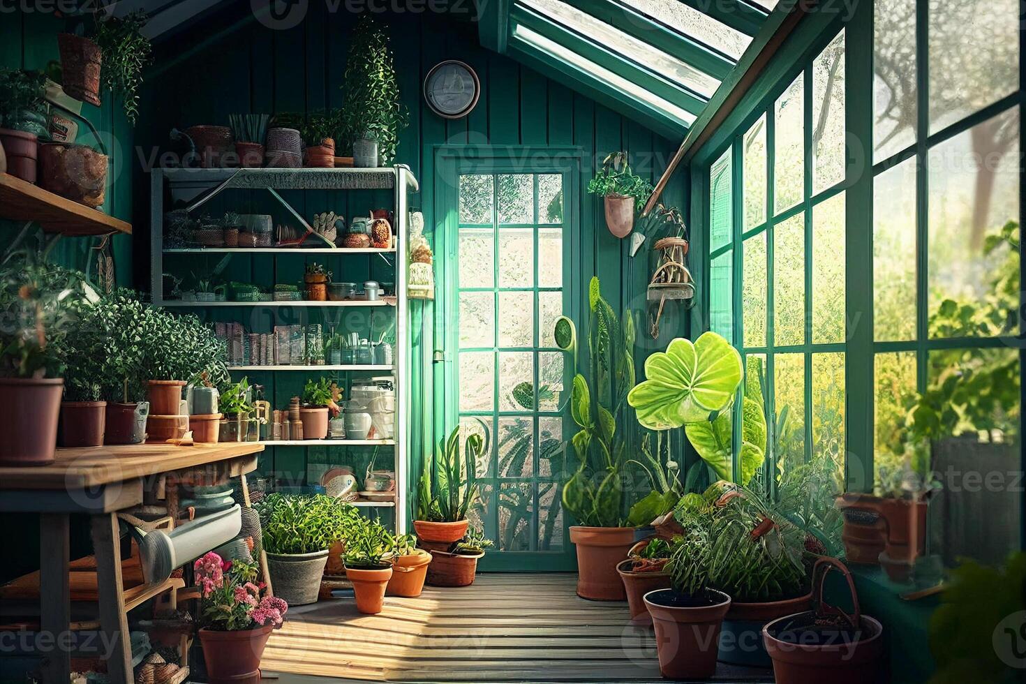 Inside Greenhouse with Potted Plants and Supplies - . photo