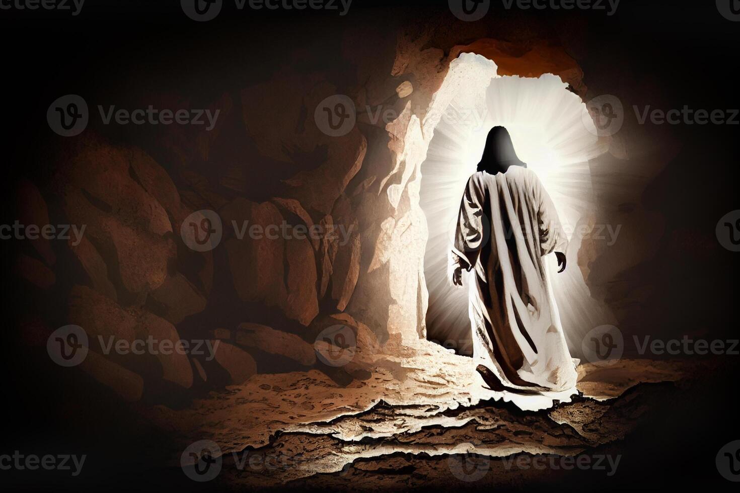 Jesús creciente desde el muerto - silueteado figura dejando cueva tumba - generativo ai. foto