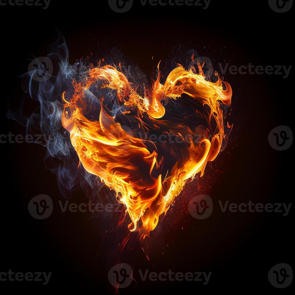 Heart Shaped Fireball with Smoke On Black Background - . photo